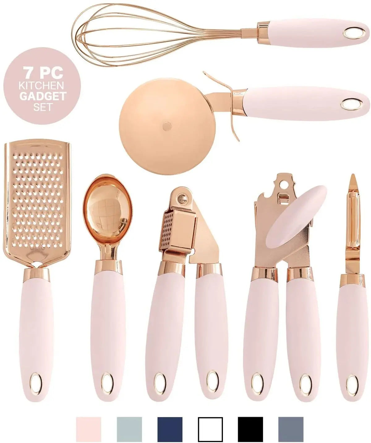 7 Pc Kitchen Gadget Set Copper Coated Stainless Steel Utensils  ice scream scoop peeler garlic press  cheese grater  whisk