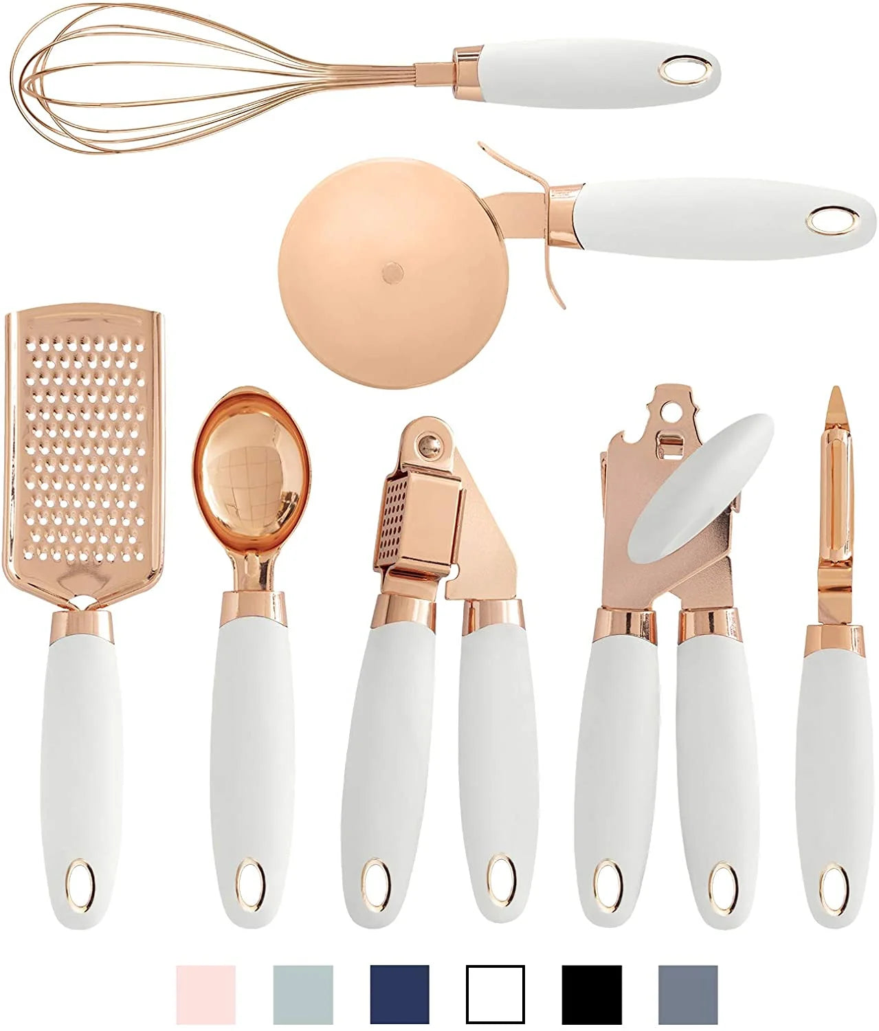 7 Pc Kitchen Gadget Set Copper Coated Stainless Steel Utensils  ice scream scoop peeler garlic press  cheese grater  whisk