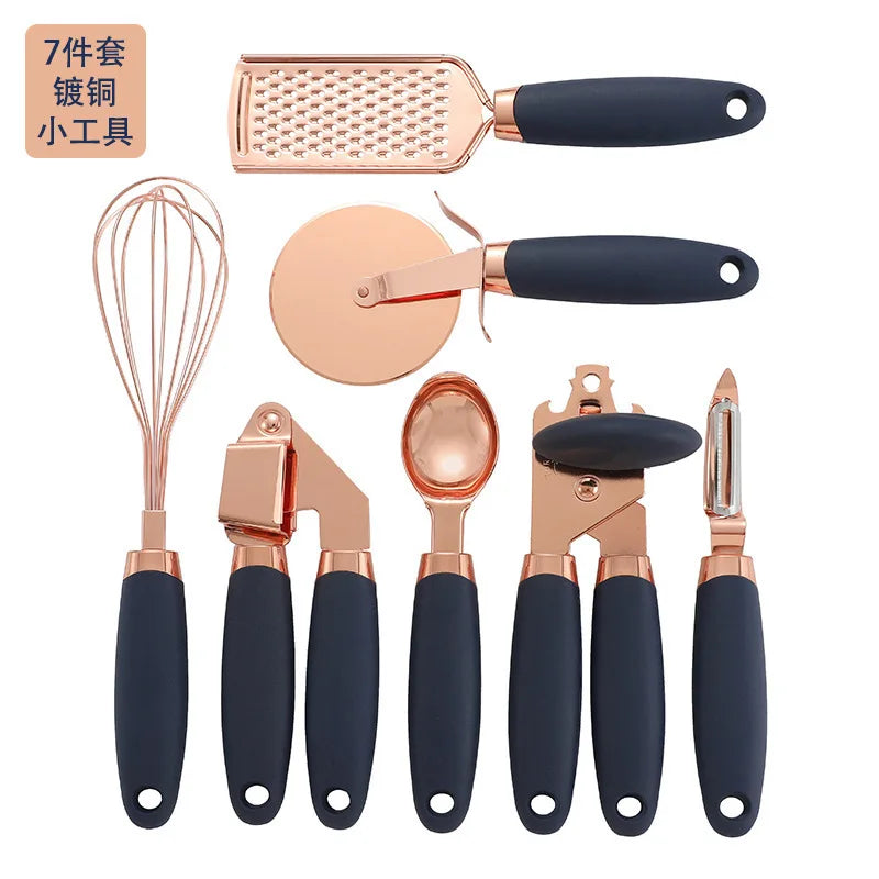 7 Pc Kitchen Gadget Set Copper Coated Stainless Steel Utensils  ice scream scoop peeler garlic press  cheese grater  whisk