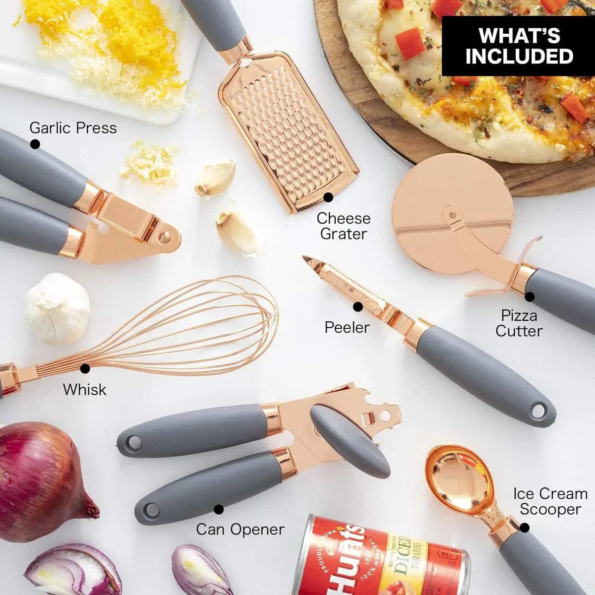 7 Pc Kitchen Gadget Set Copper Coated Stainless Steel Utensils  ice scream scoop peeler garlic press  cheese grater  whisk