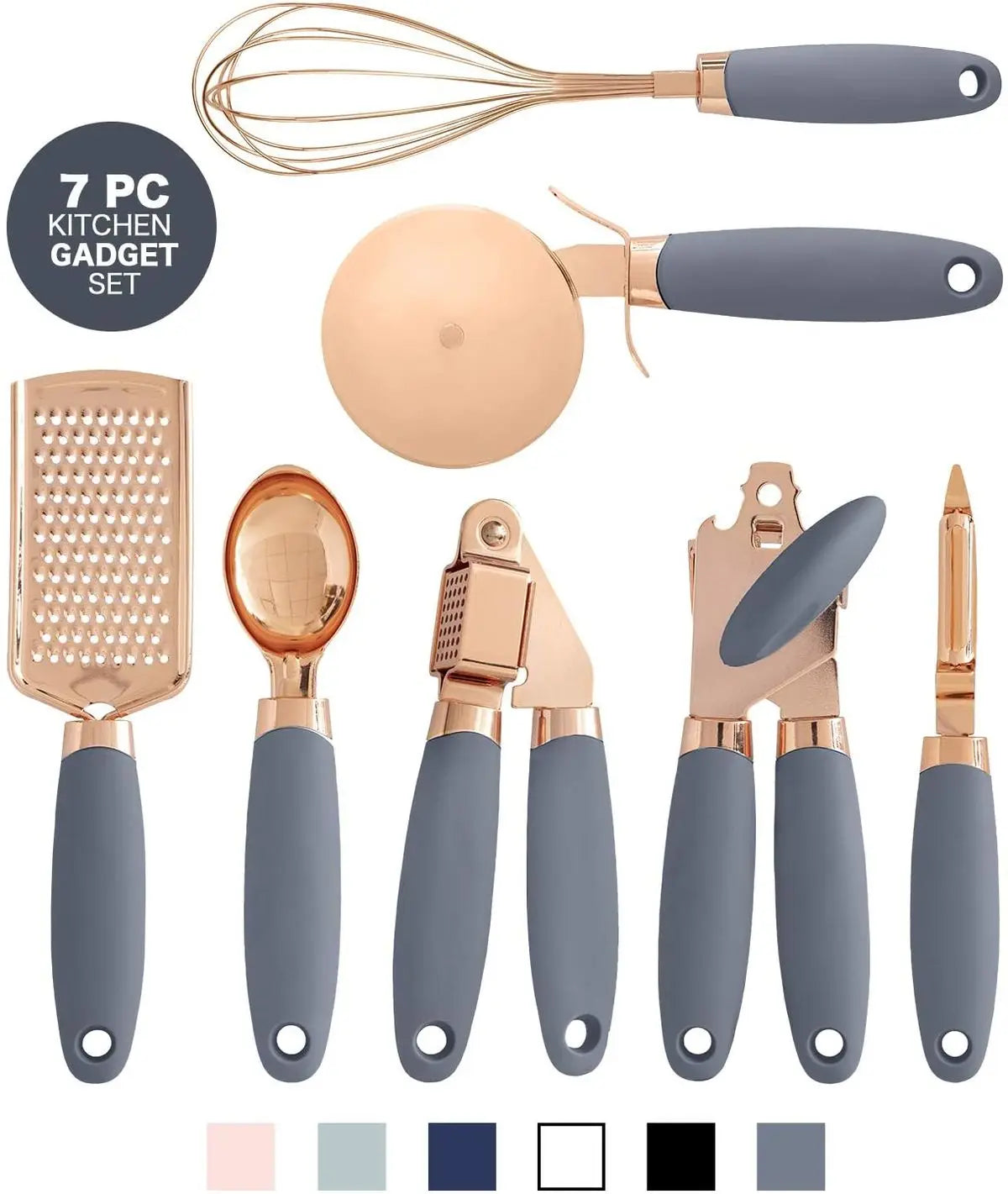 7 Pc Kitchen Gadget Set Copper Coated Stainless Steel Utensils  ice scream scoop peeler garlic press  cheese grater  whisk