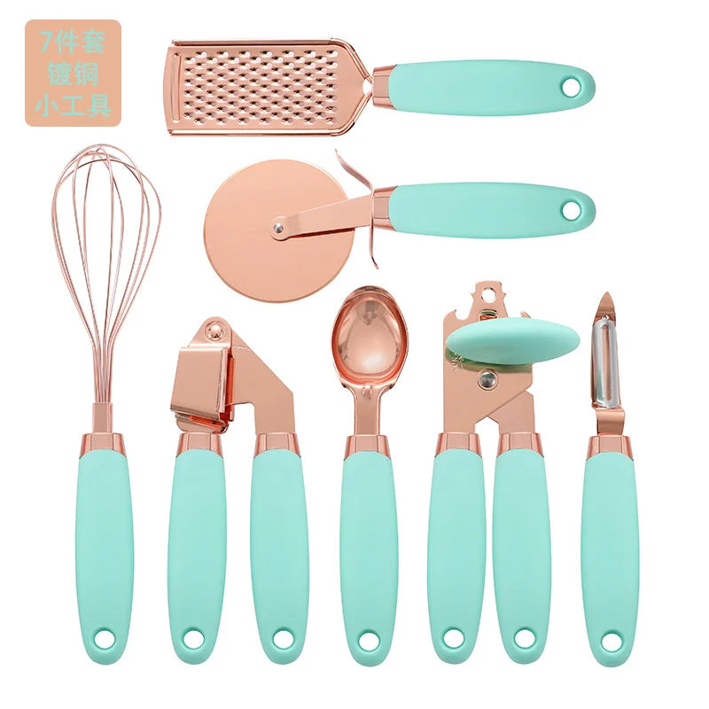 7 Pc Kitchen Gadget Set Copper Coated Stainless Steel Utensils  ice scream scoop peeler garlic press  cheese grater  whisk