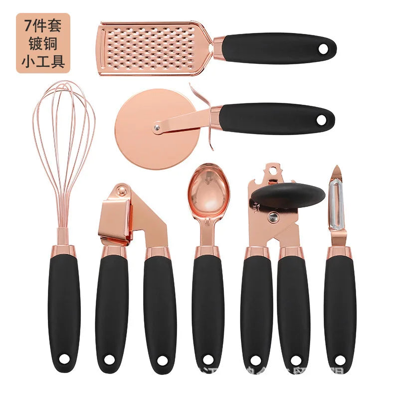 7 Pc Kitchen Gadget Set Copper Coated Stainless Steel Utensils  ice scream scoop peeler garlic press  cheese grater  whisk